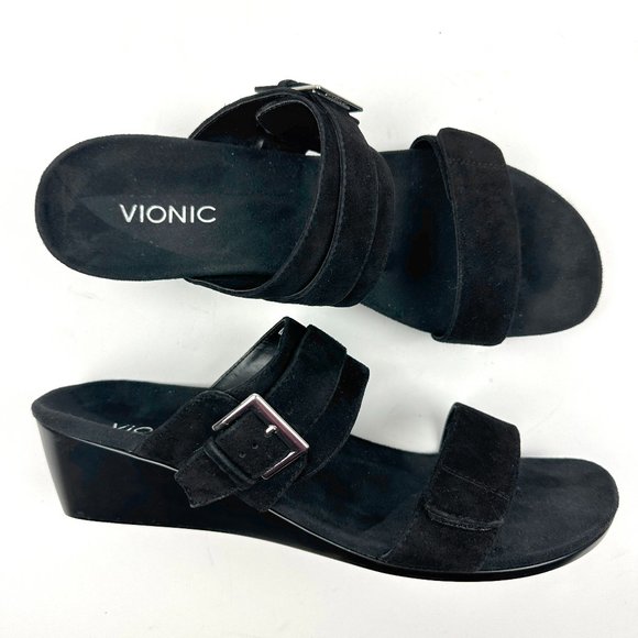 Vionic Natoma Sandals Suede Wedge Open Toe Double Strap Black Size 11 - Picture 1 of 8